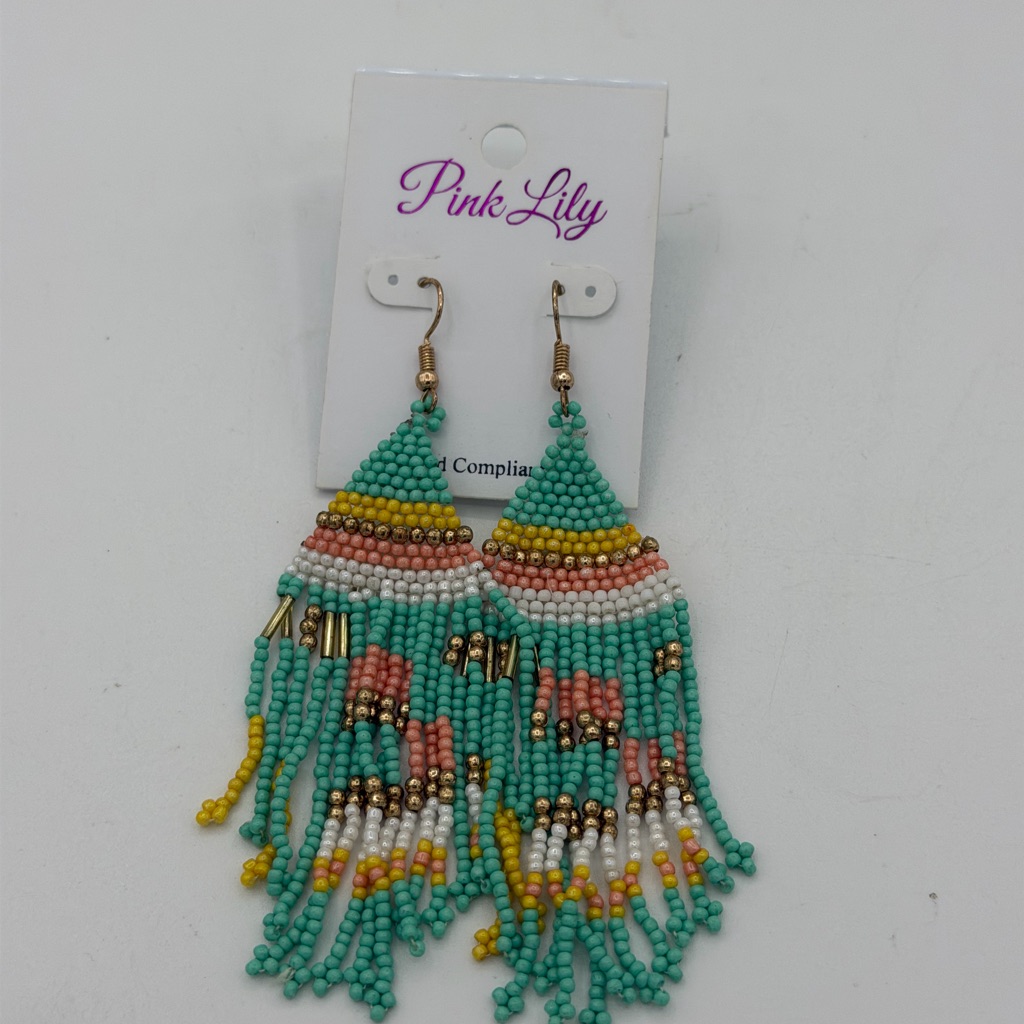 Pink Lily Beaded Fringe Earrings Boho Tribal Turquoise Pink Statement Dangle